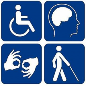 Imagen con una silla de ruedas, lenguaje de signos, una persona con problemas de visión y bastón y una cabeza humana /Documentos interesantes